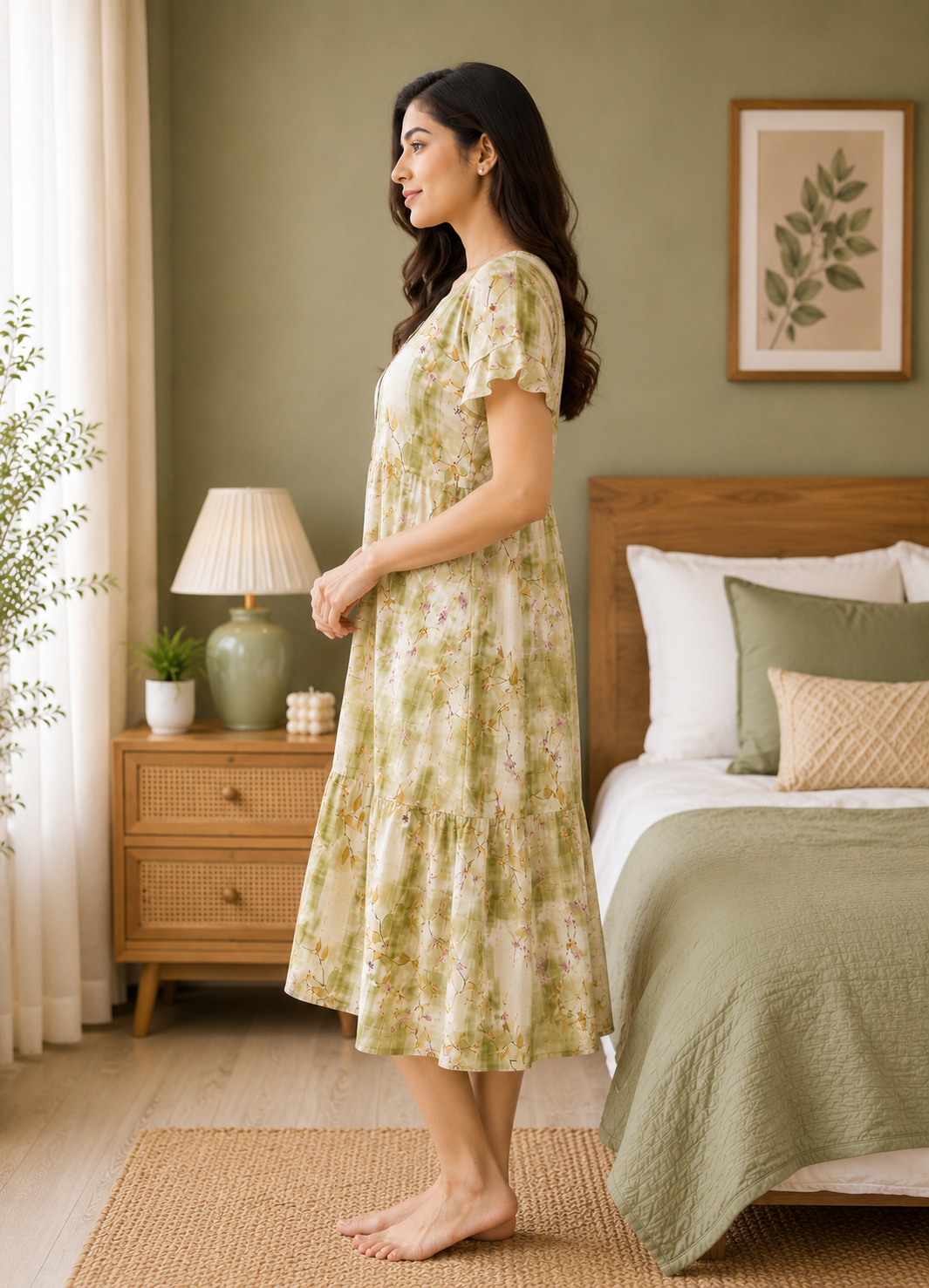 Olive Green Floral Short Nighty