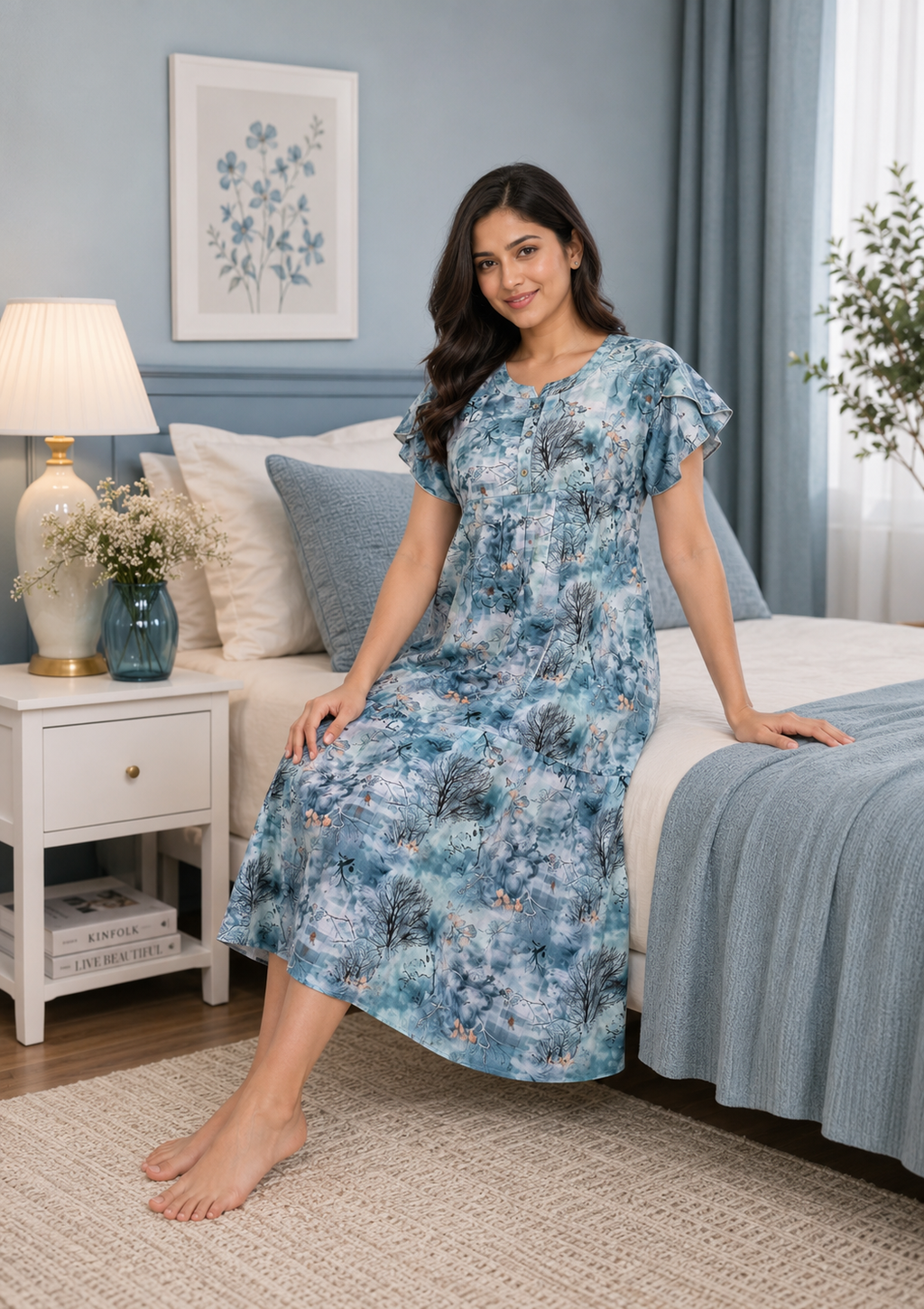 A woman wearing a blue and white floral print short-sleeve nightgown sits on a bed in a styled bedroom setting.