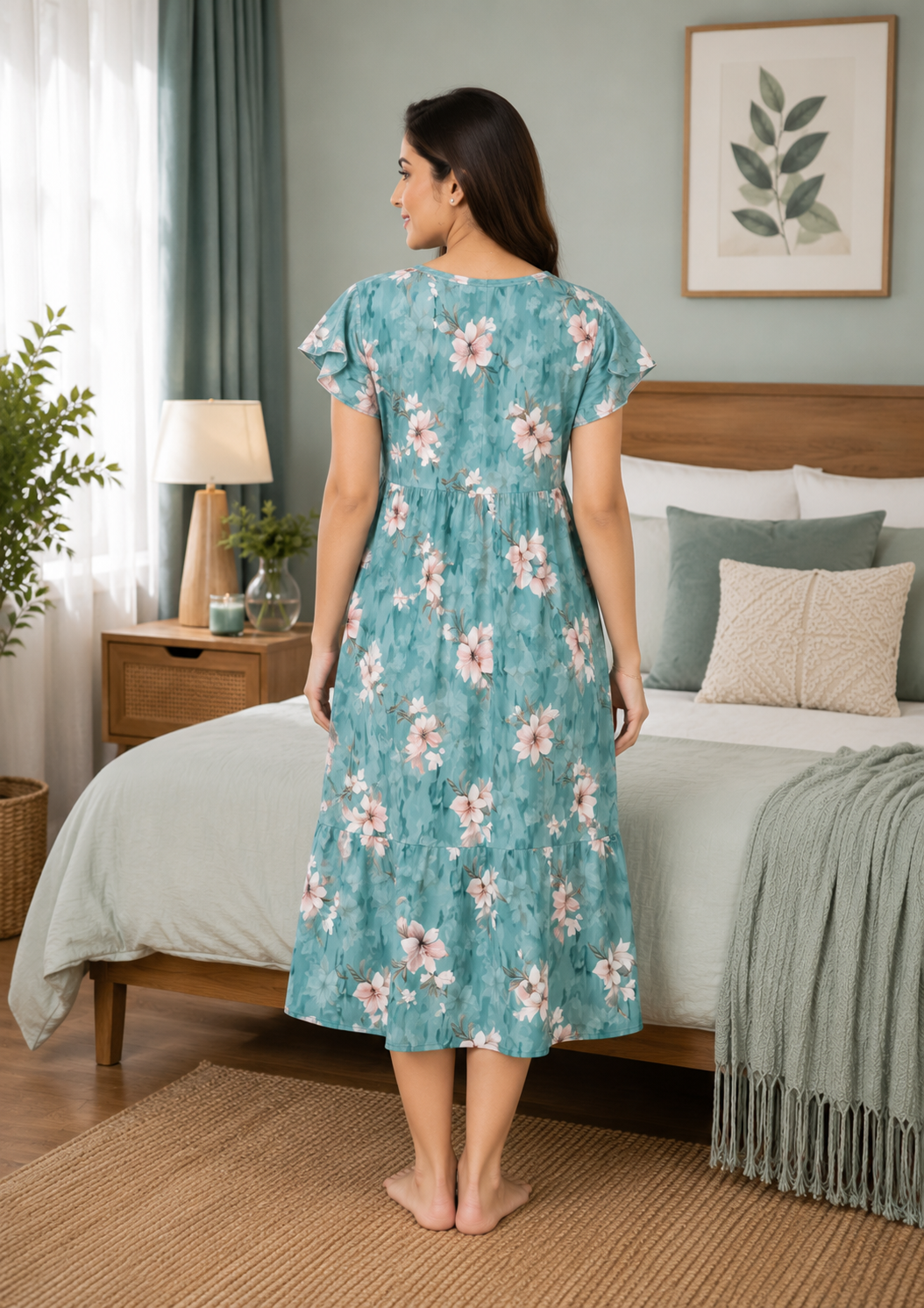 Teal Floral Short Nighty