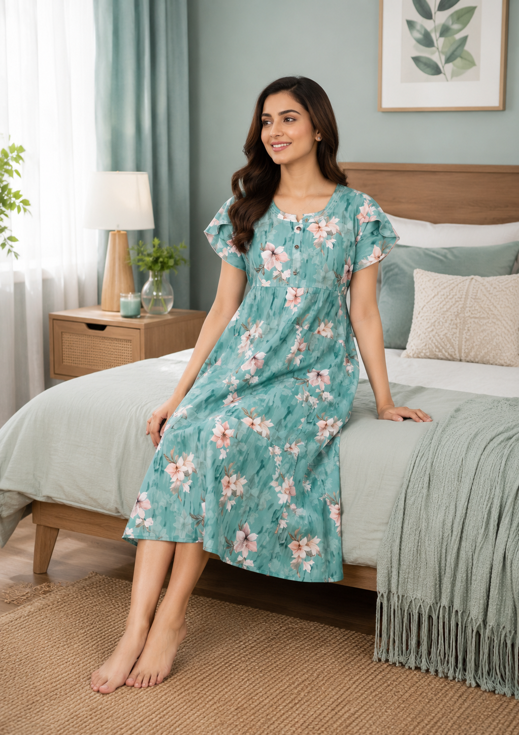 A woman wearing a teal blue floral nightgown sits on a bed in a bedroom setting. The nightgown features a light pink and white floral pattern.