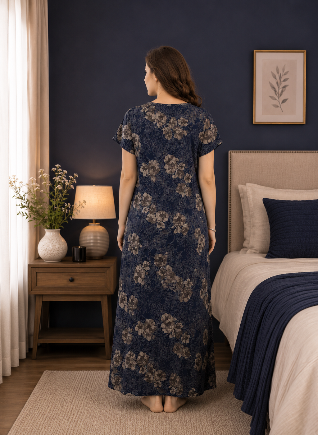 Navy Blue Floral Printed Alpine Gown
