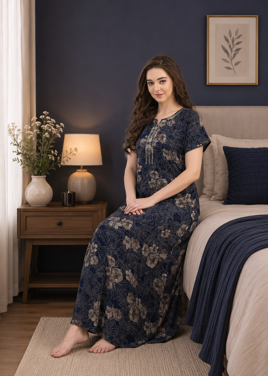 Navy Blue Floral Printed Alpine Gown