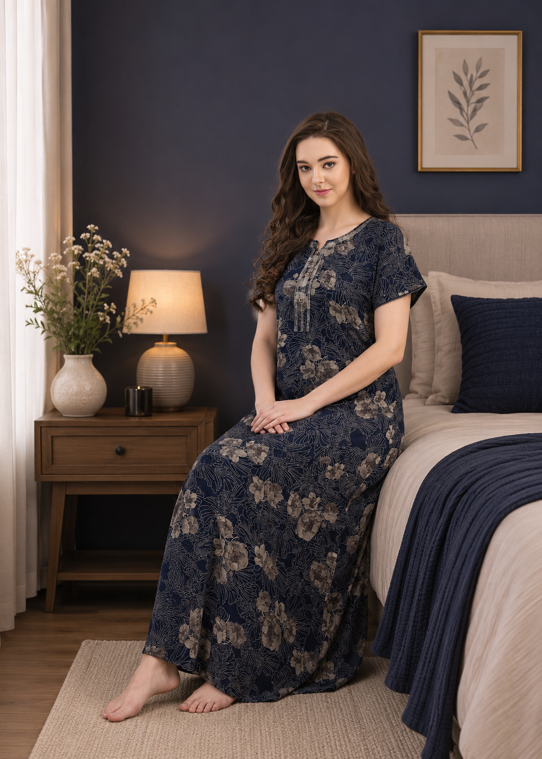 Navy Blue Floral Printed Alpine Gown