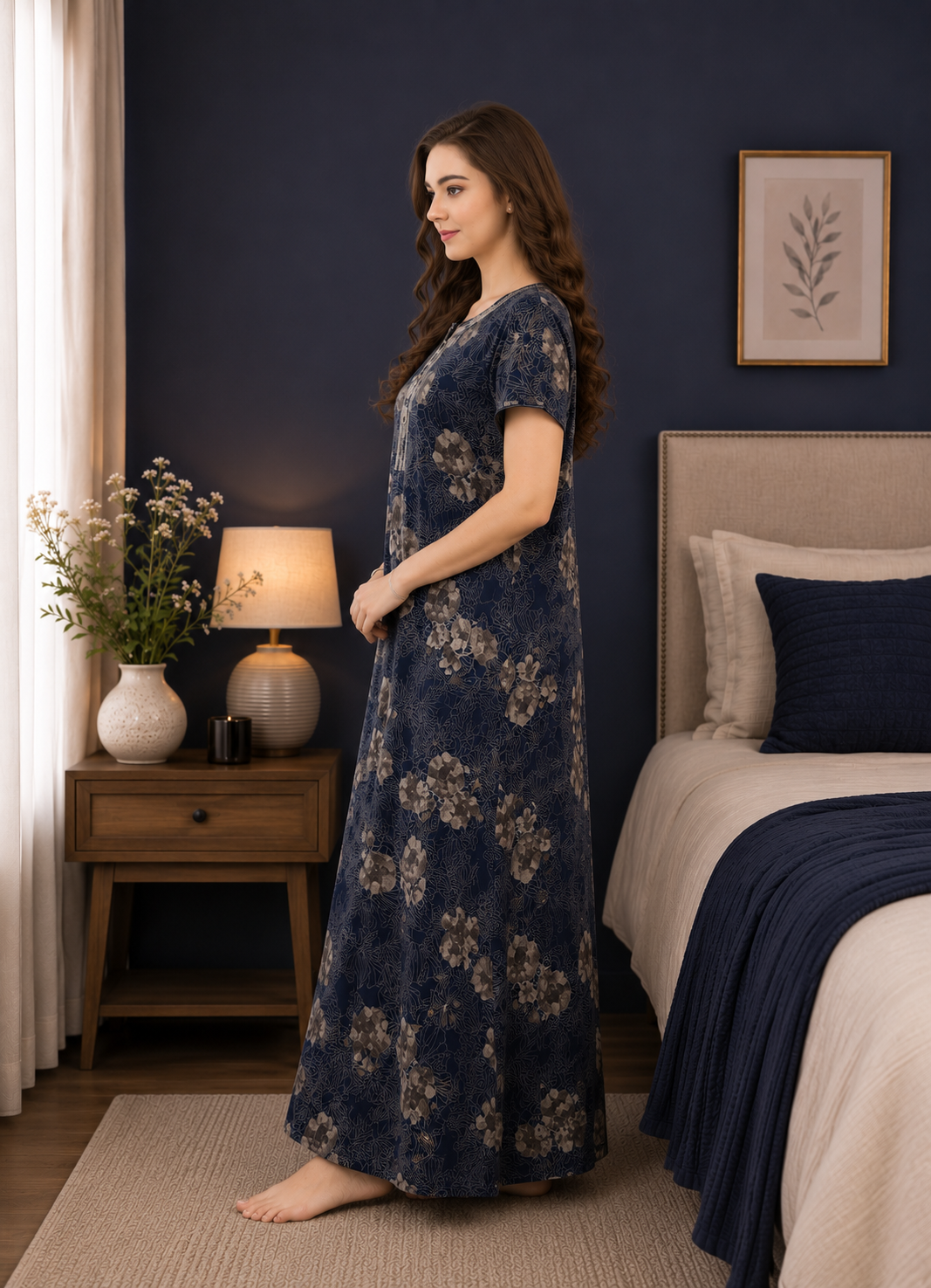 Navy Blue Floral Printed Alpine Gown