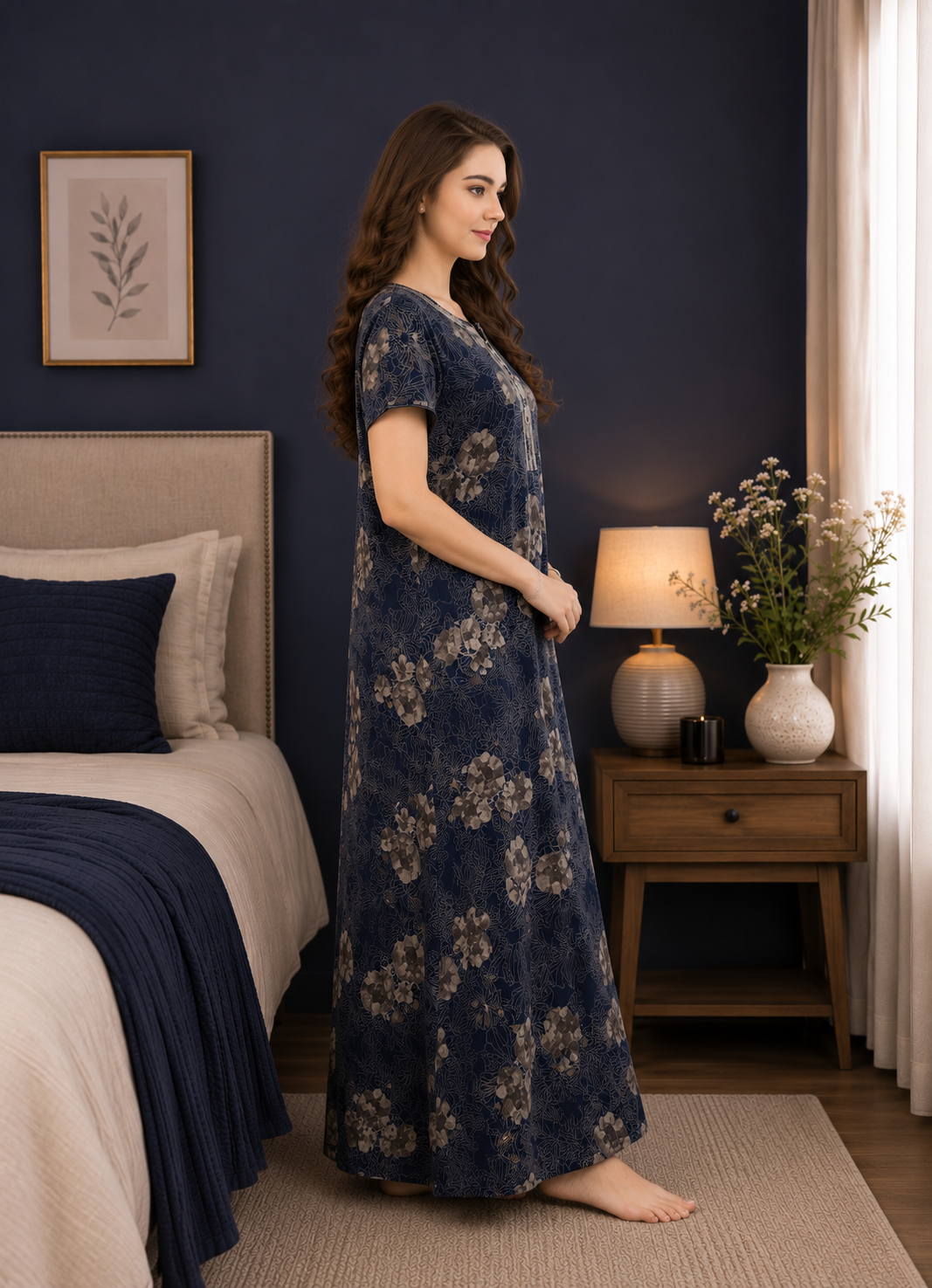 Navy Blue Floral Printed Alpine Gown