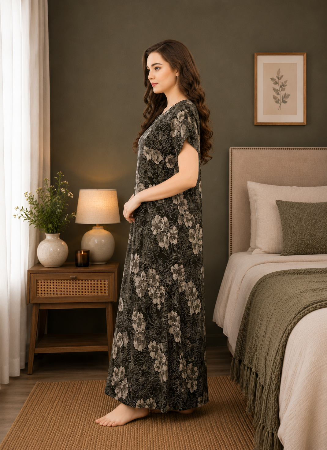 Dark Coffee Floral Printed Alpine Gown