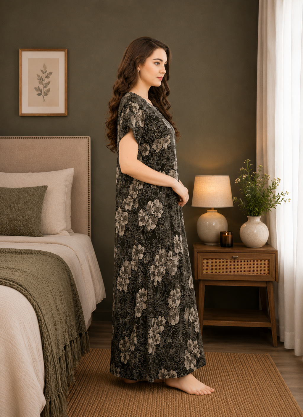 Dark Coffee Floral Printed Alpine Gown