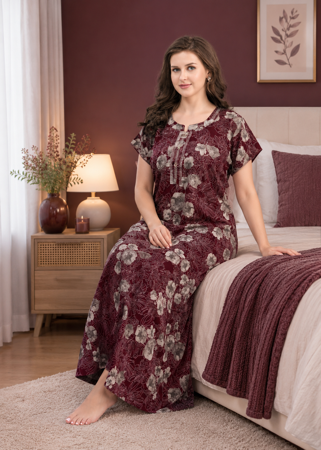 A woman wearing a long-sleeved maroon floral nightgown sits on the edge of a bed in a bedroom setting.