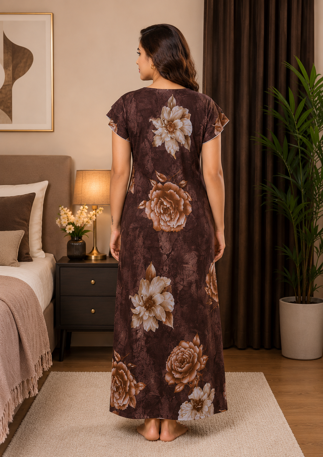 Brown Floral Print Alpine Gown