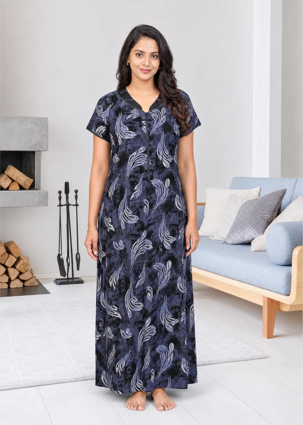 Navy Blue Abstract Leaf Alpine Nightgown