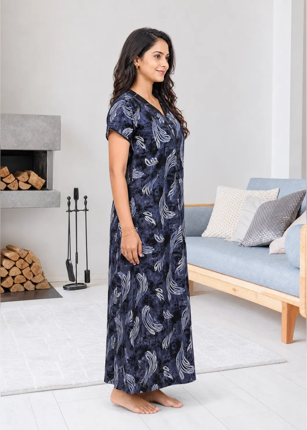 Navy Blue Abstract Leaf Alpine Nightgown