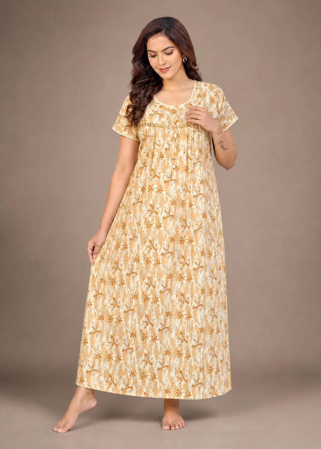 Beige Star Pattern Cotton Nightgown