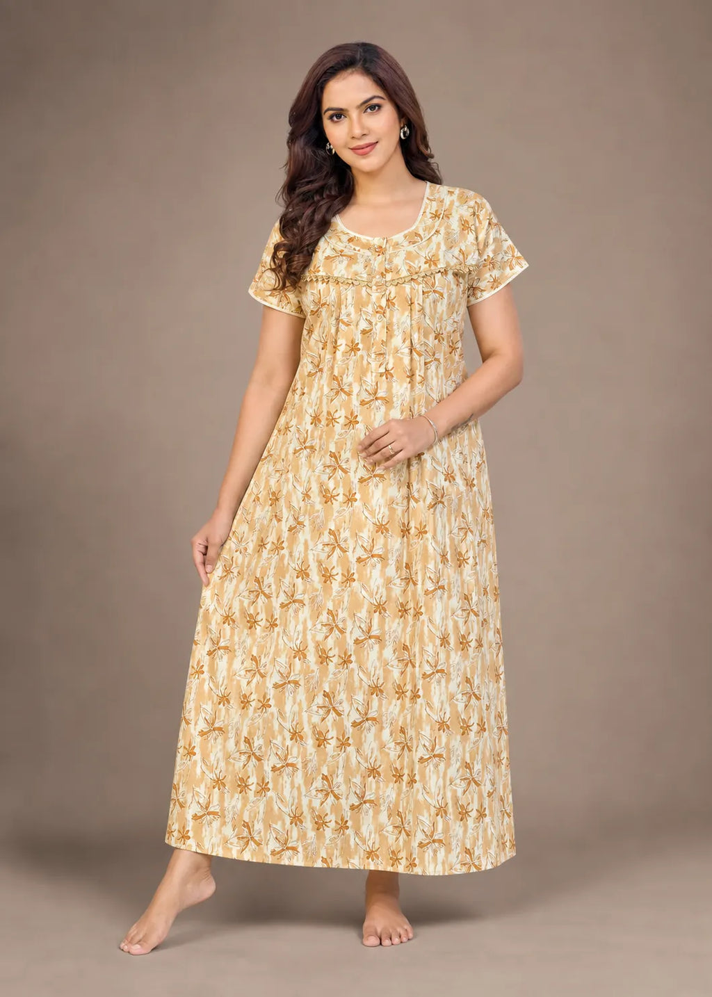 Beige Star Pattern Cotton Nightgown