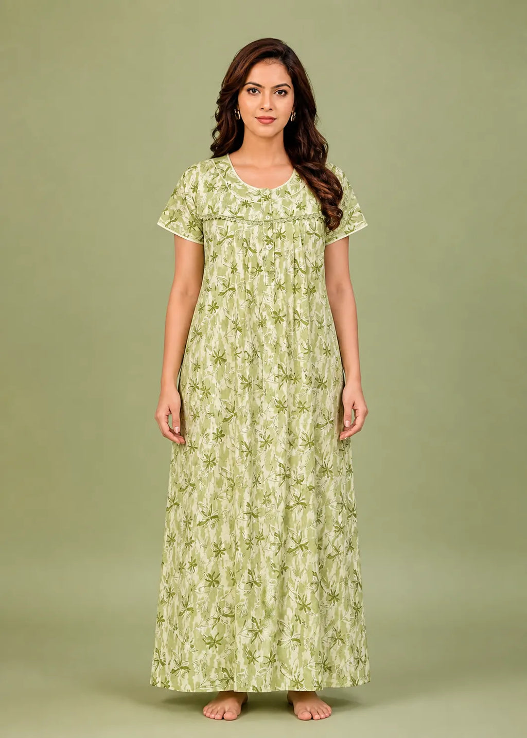 Sage Green Star Pattern Cotton Nightgown