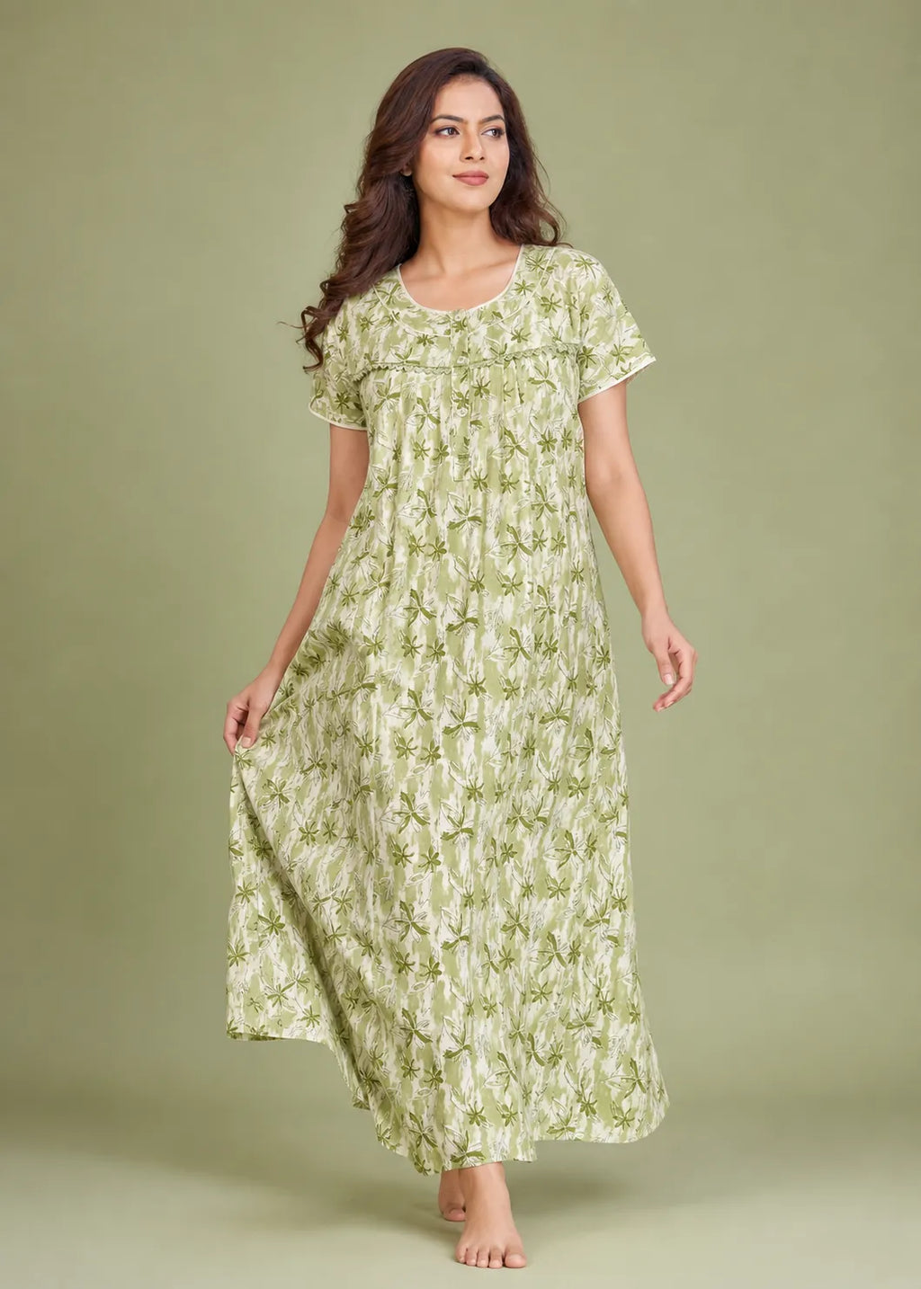 Sage Green Star Pattern Cotton Nightgown