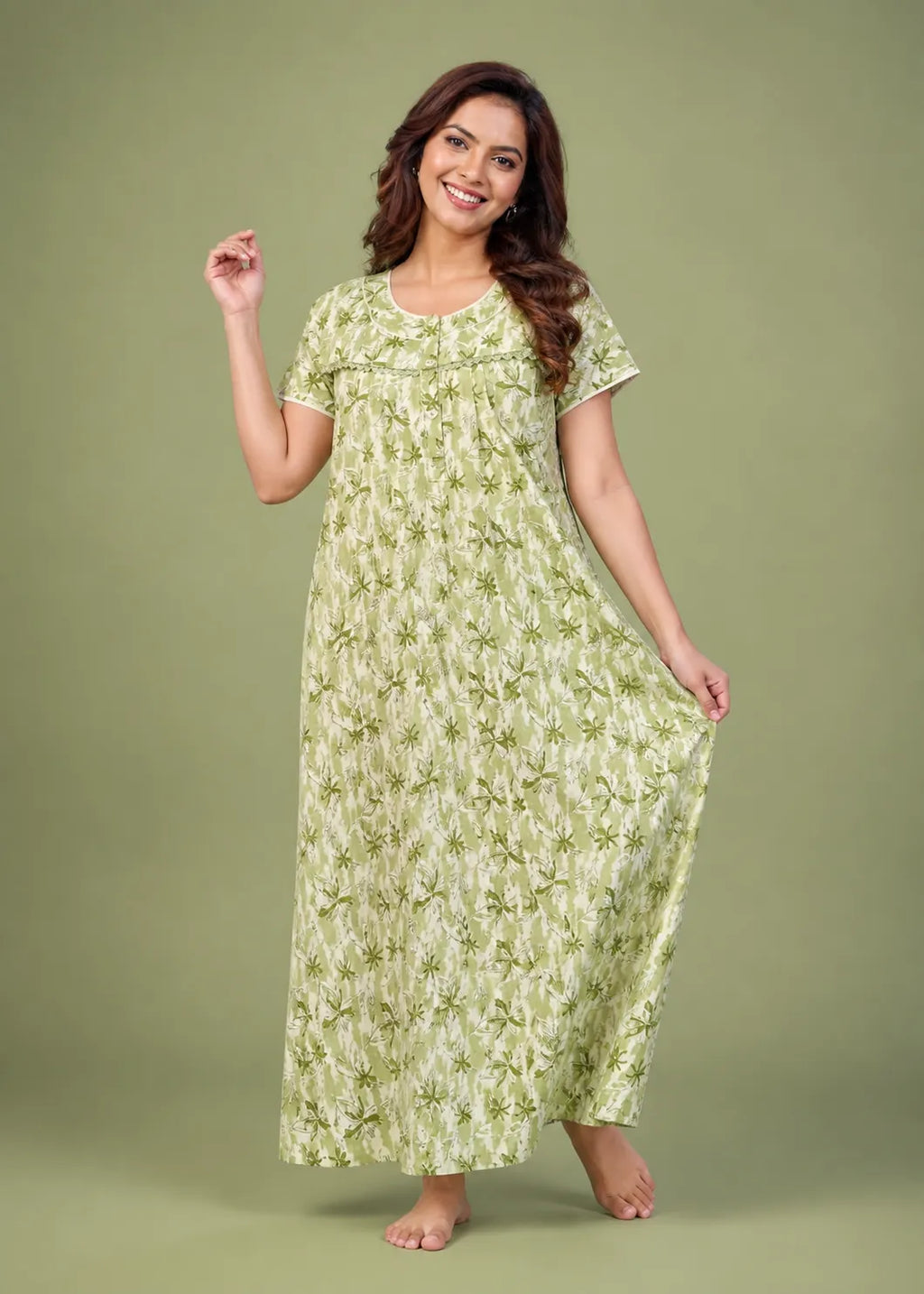 Sage Green Star Pattern Cotton Nightgown