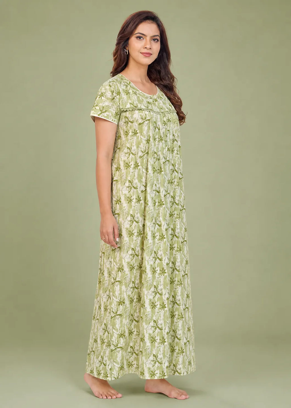 Sage Green Star Pattern Cotton Nightgown