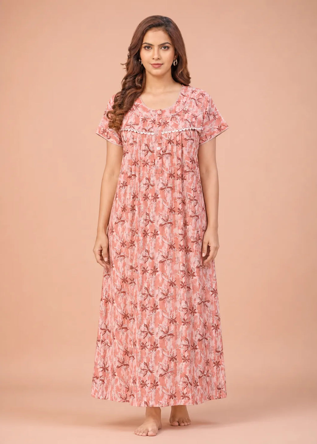 Coral Star Pattern Cotton Nightgown