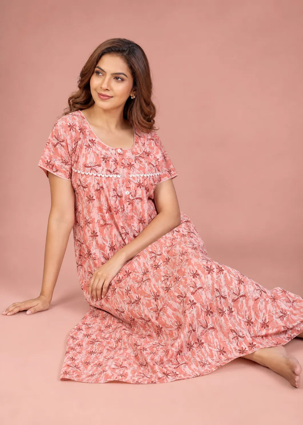 Coral Star Pattern Cotton Nightgown