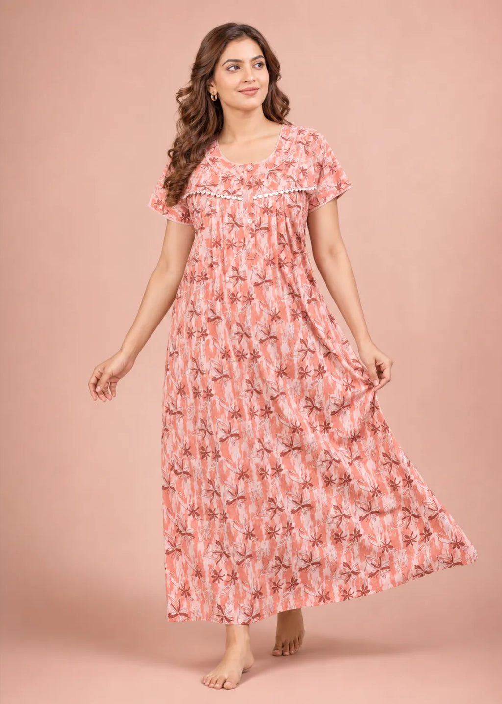Coral Star Pattern Cotton Nightgown