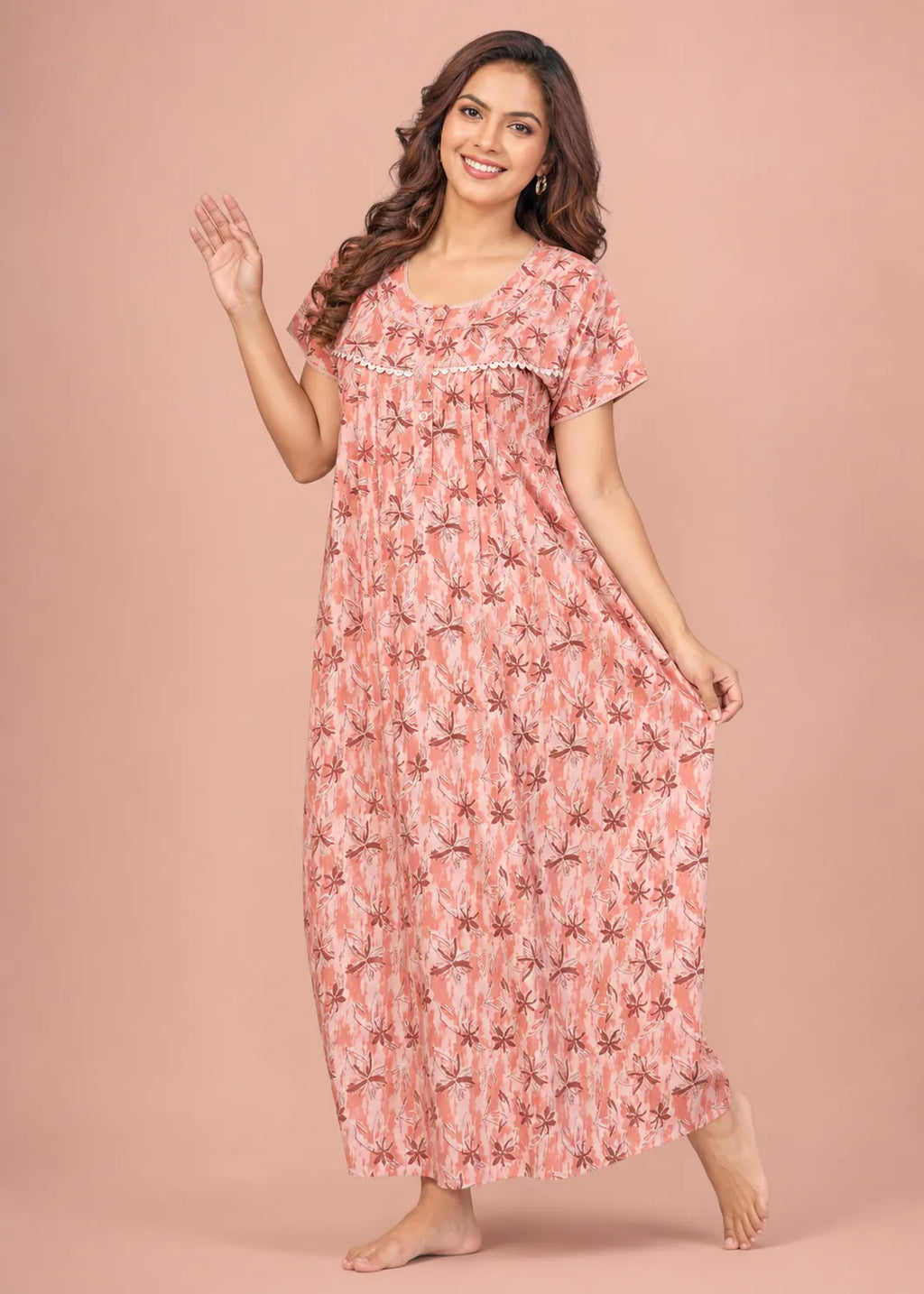 Coral Star Pattern Cotton Nightgown