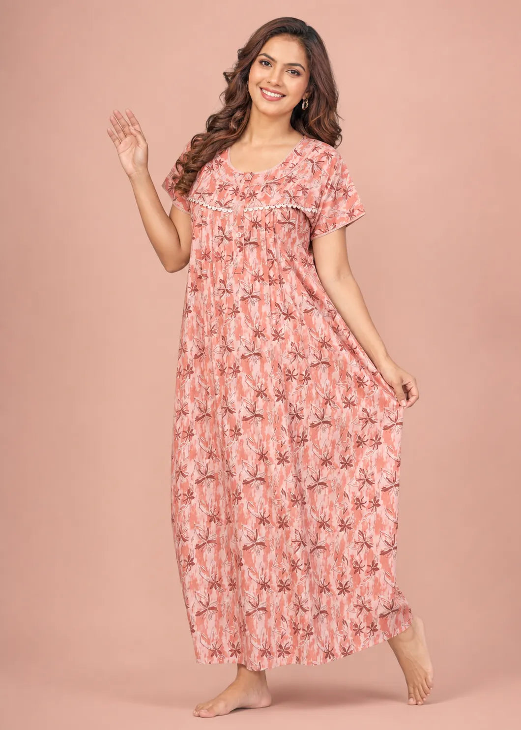 Coral Star Pattern Cotton Nightgown