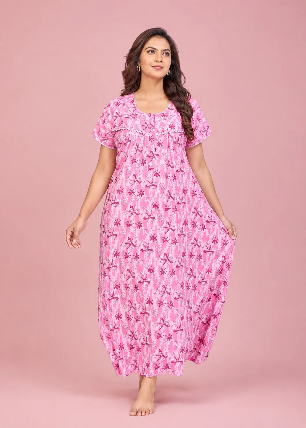 Pink Star Pattern Cotton Nightgown