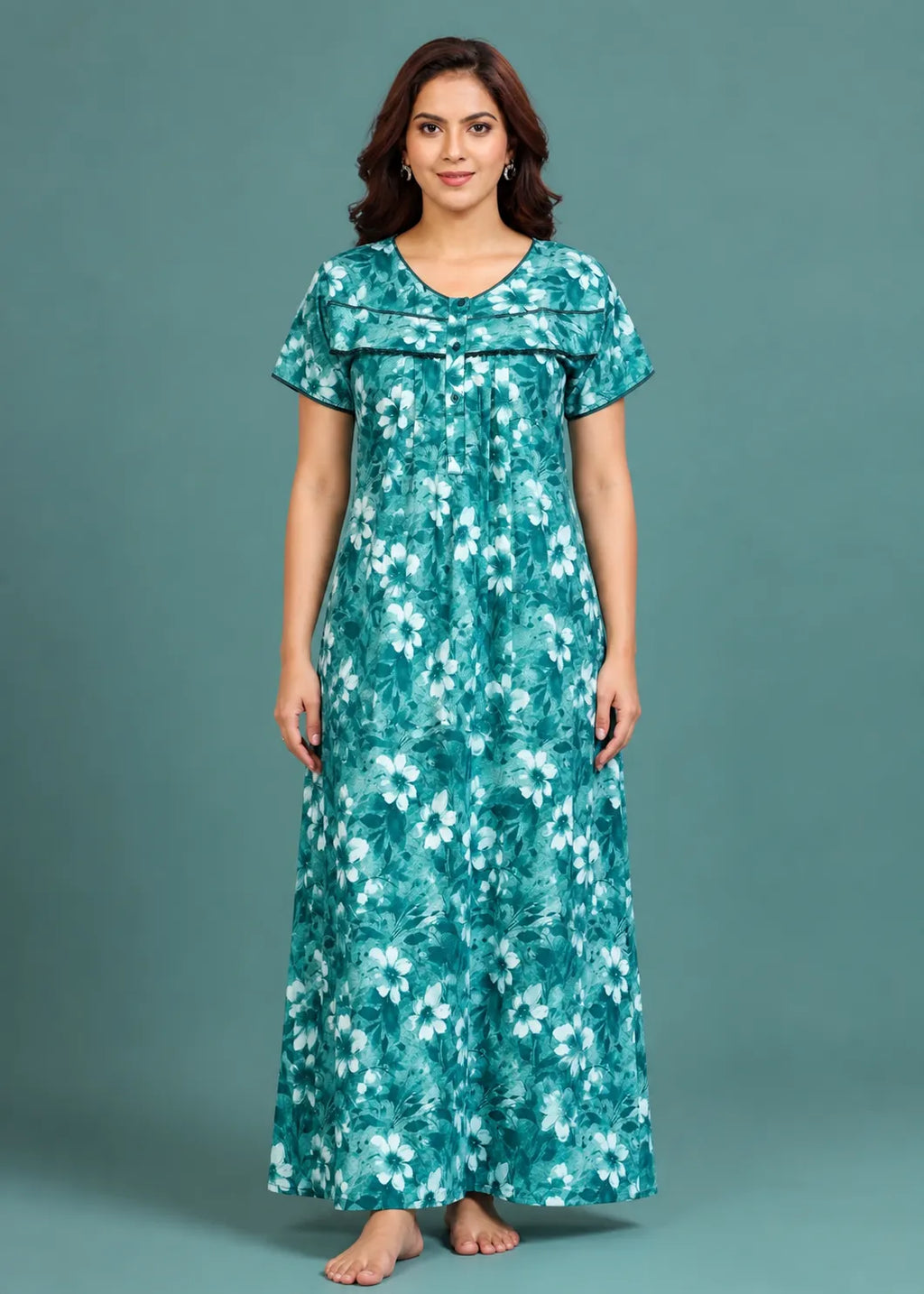 Teal Floral Cotton Nightgown