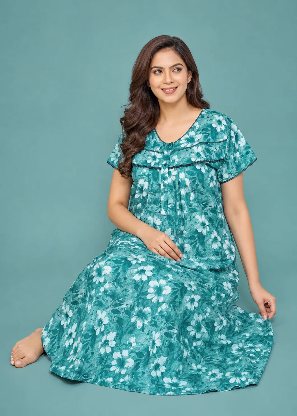 Teal Floral Cotton Nightgown