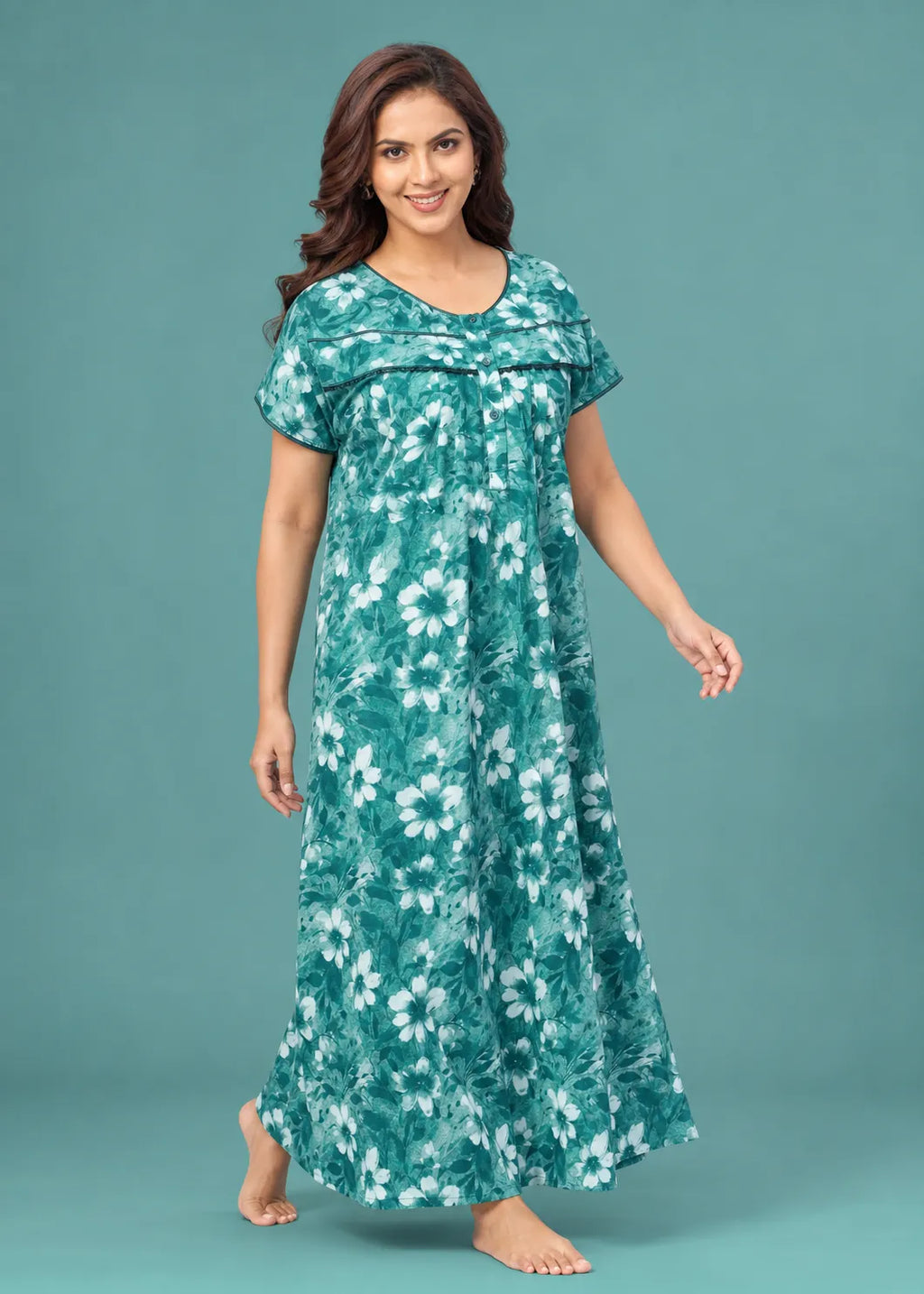 Teal Floral Cotton Nightgown