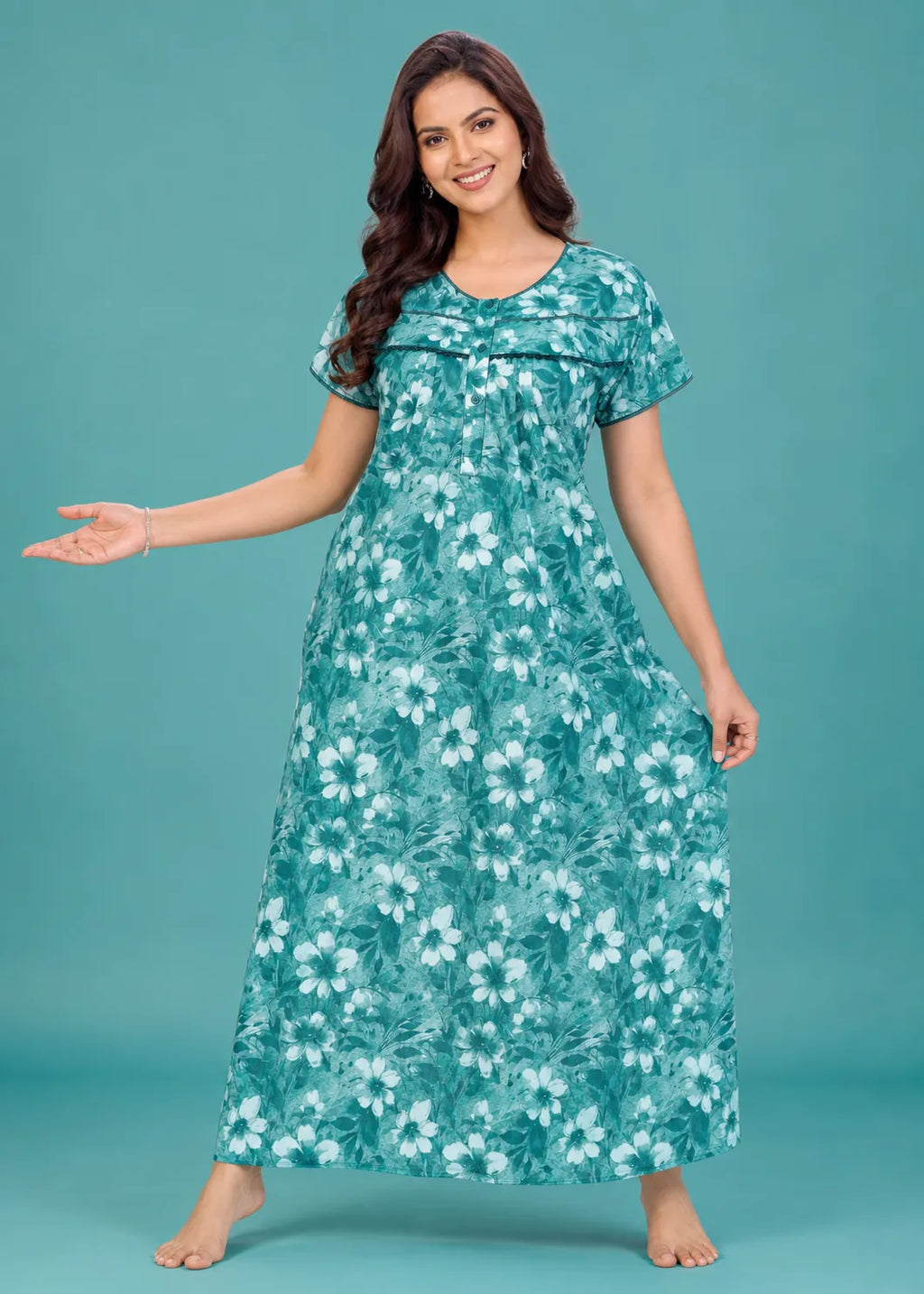 Teal Floral Cotton Nightgown