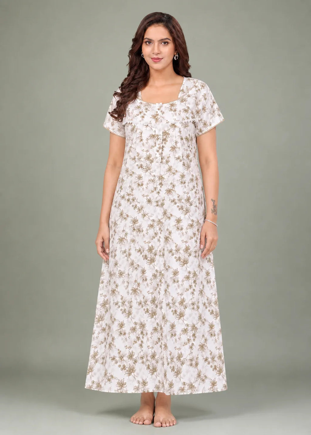 Taupe Floral Print Cotton Nightgown