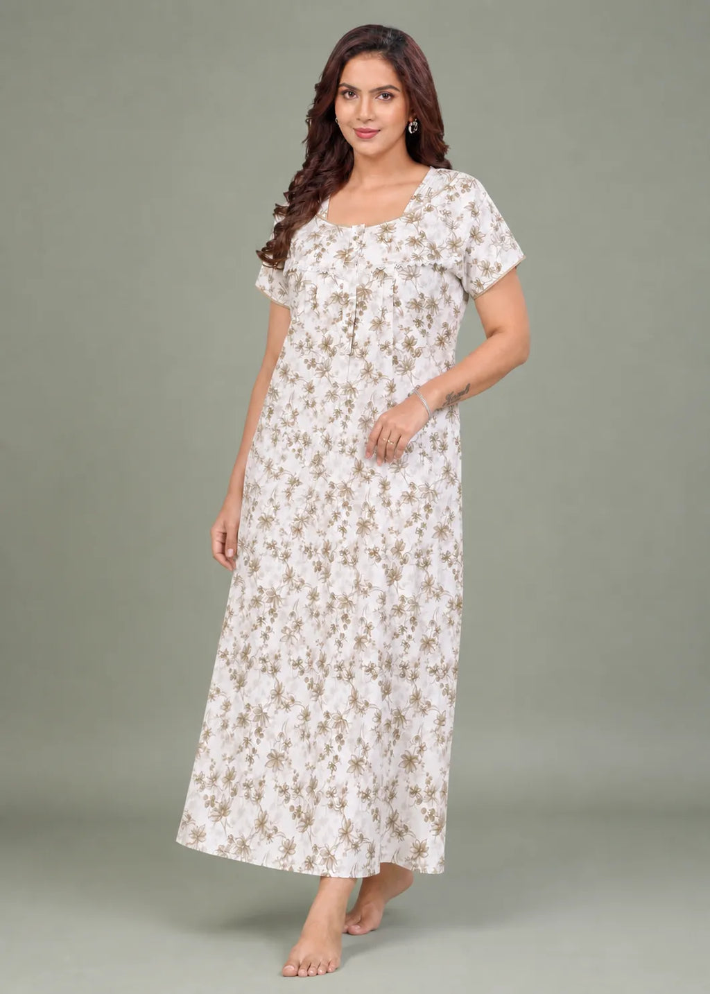 Taupe Floral Print Cotton Nightgown