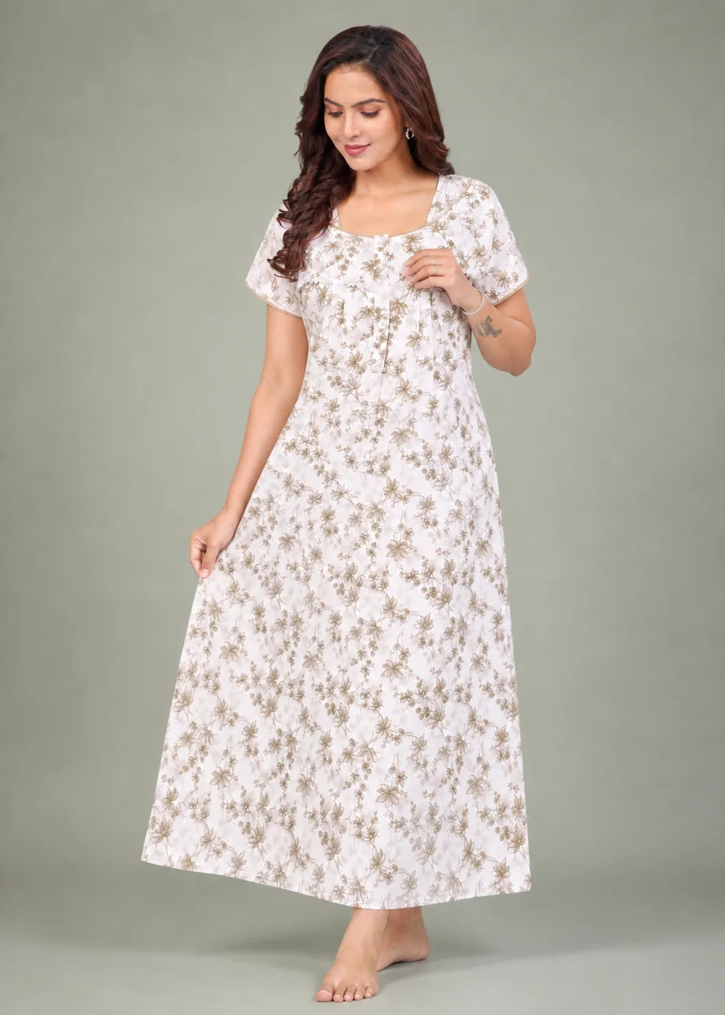 Taupe Floral Print Cotton Nightgown