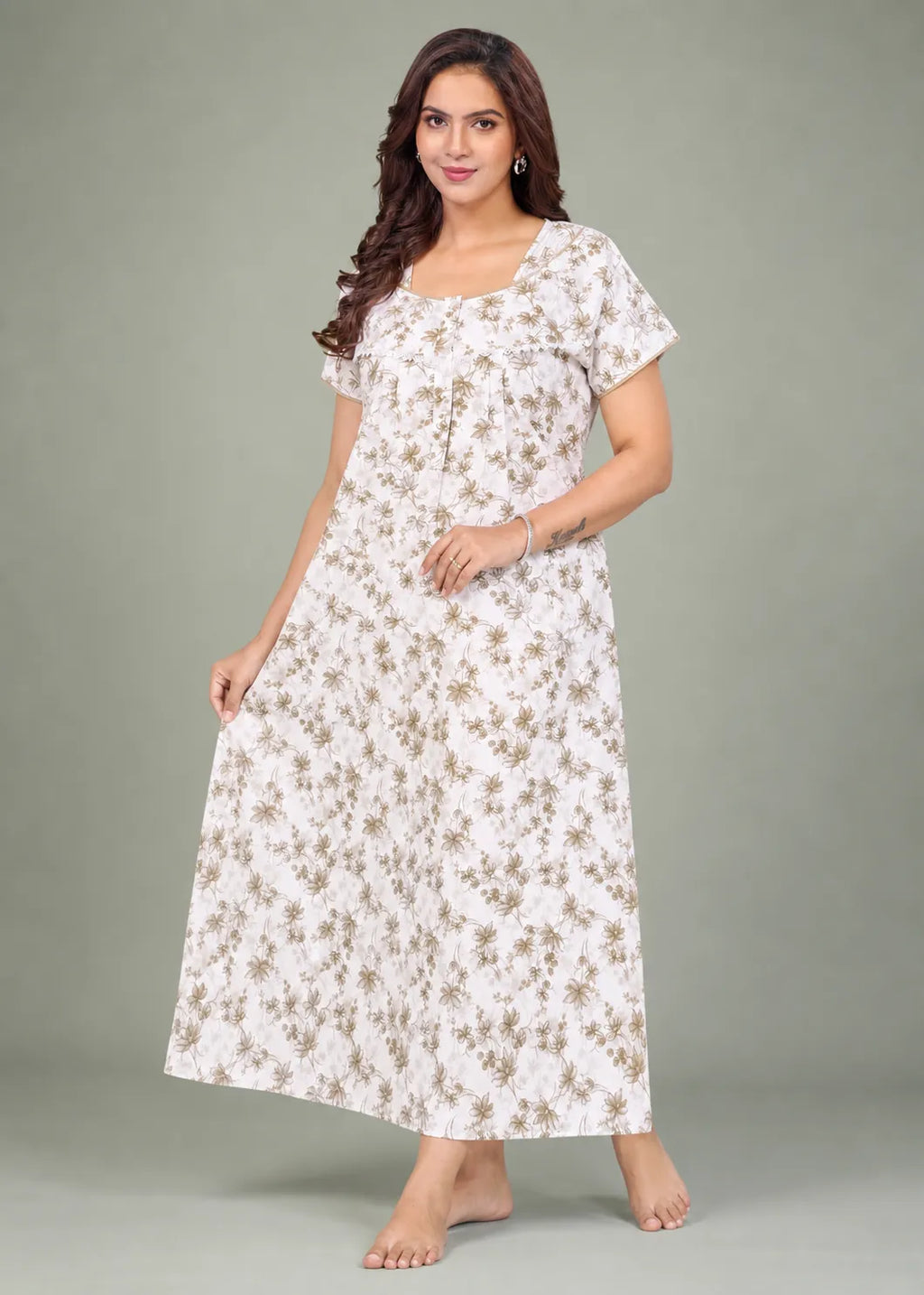 Taupe Floral Print Cotton Nightgown