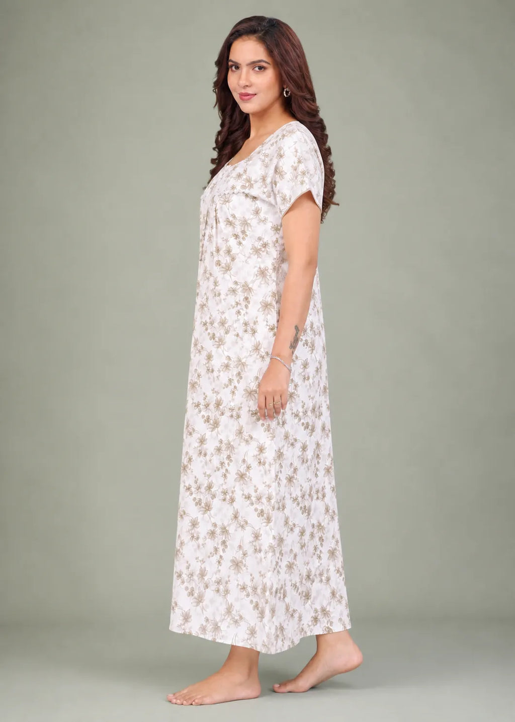 Taupe Floral Print Cotton Nightgown