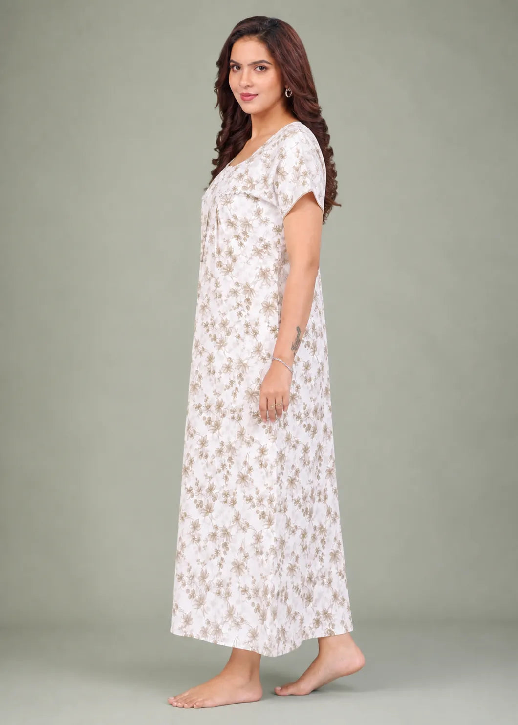 Taupe Floral Print Cotton Nightgown