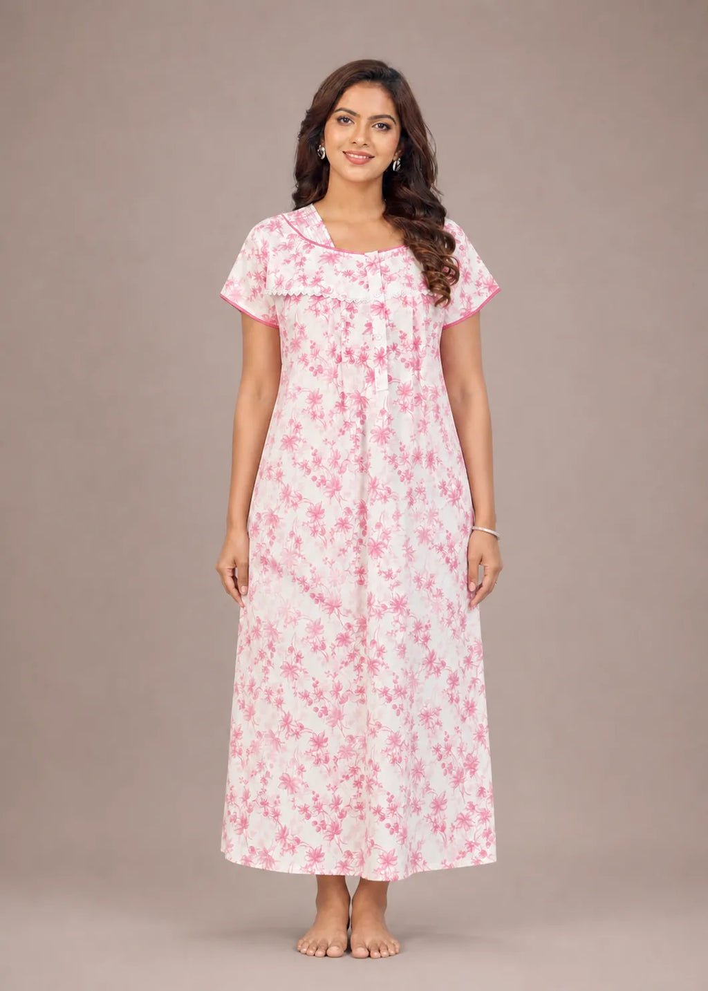 Blush Pink Floral Print Cotton Nightgown