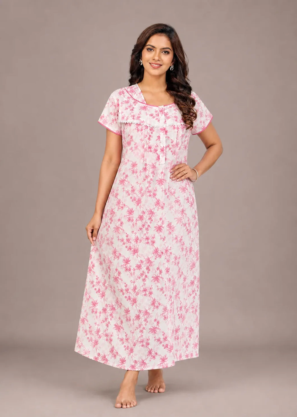 Blush Pink Floral Print Cotton Nightgown
