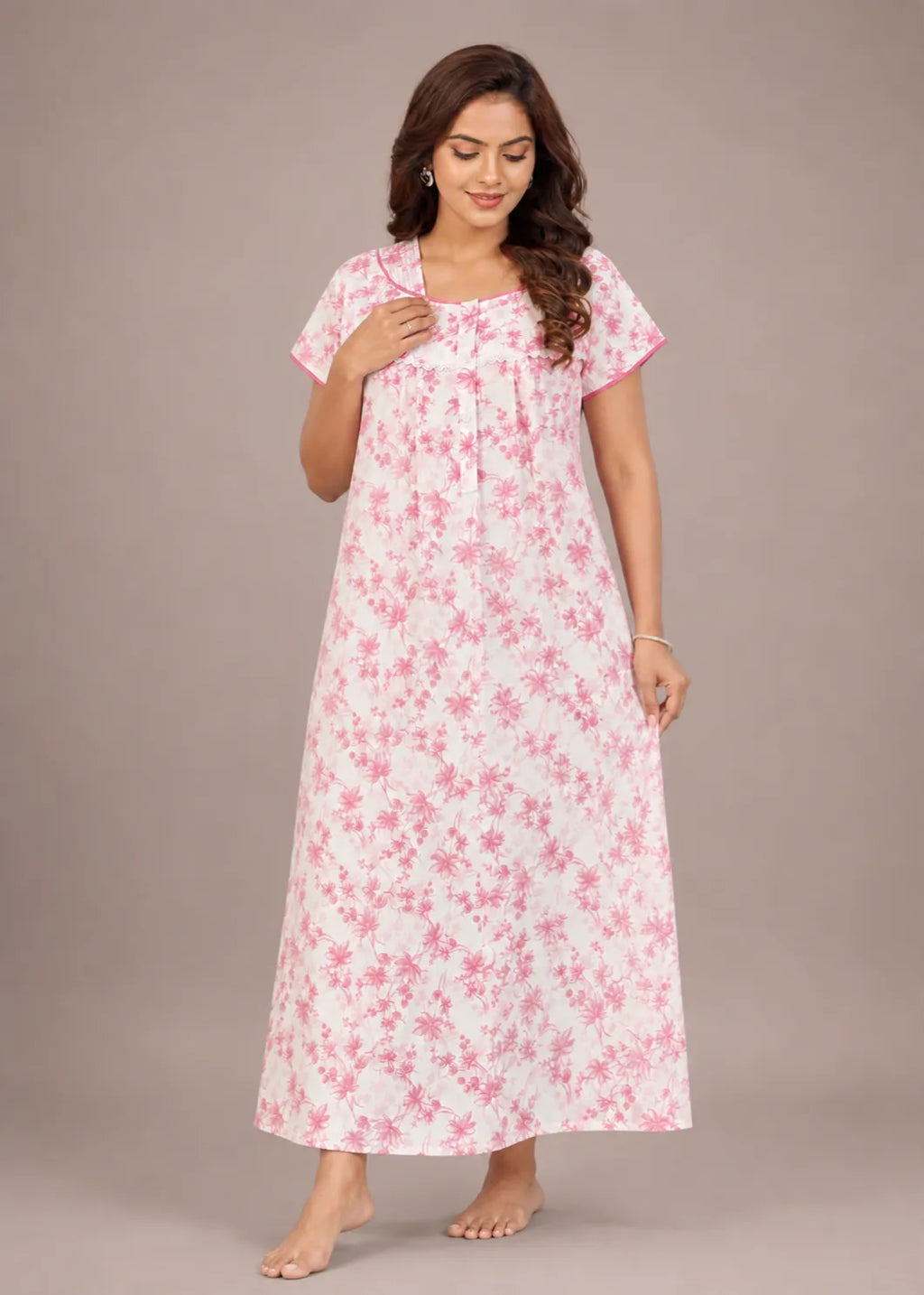 Blush Pink Floral Print Cotton Nightgown