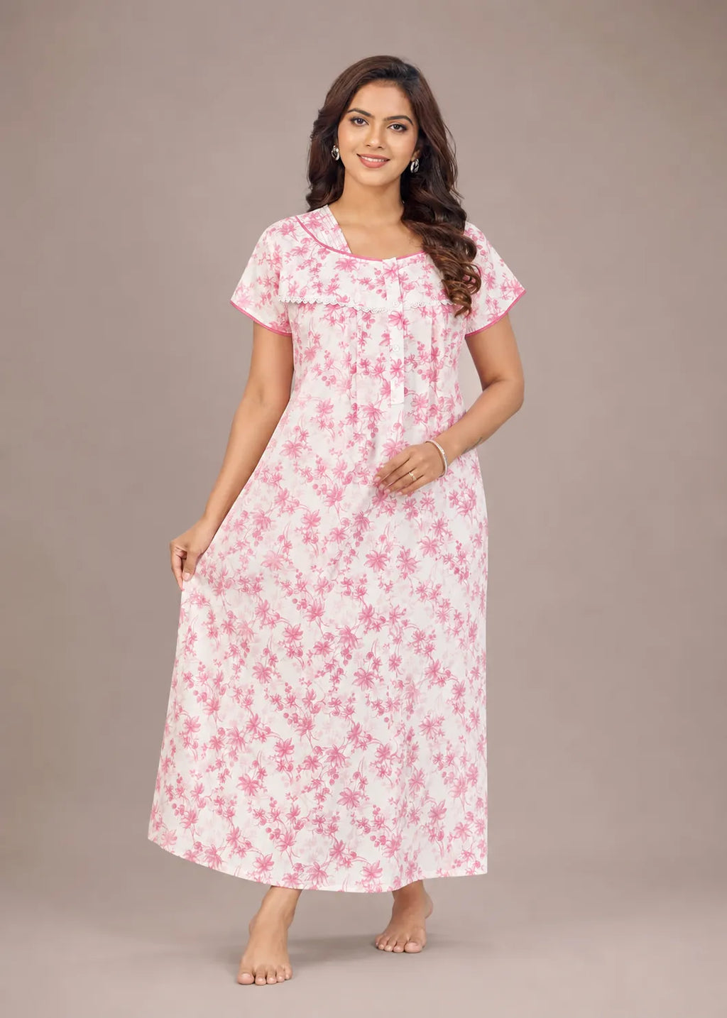 Blush Pink Floral Print Cotton Nightgown