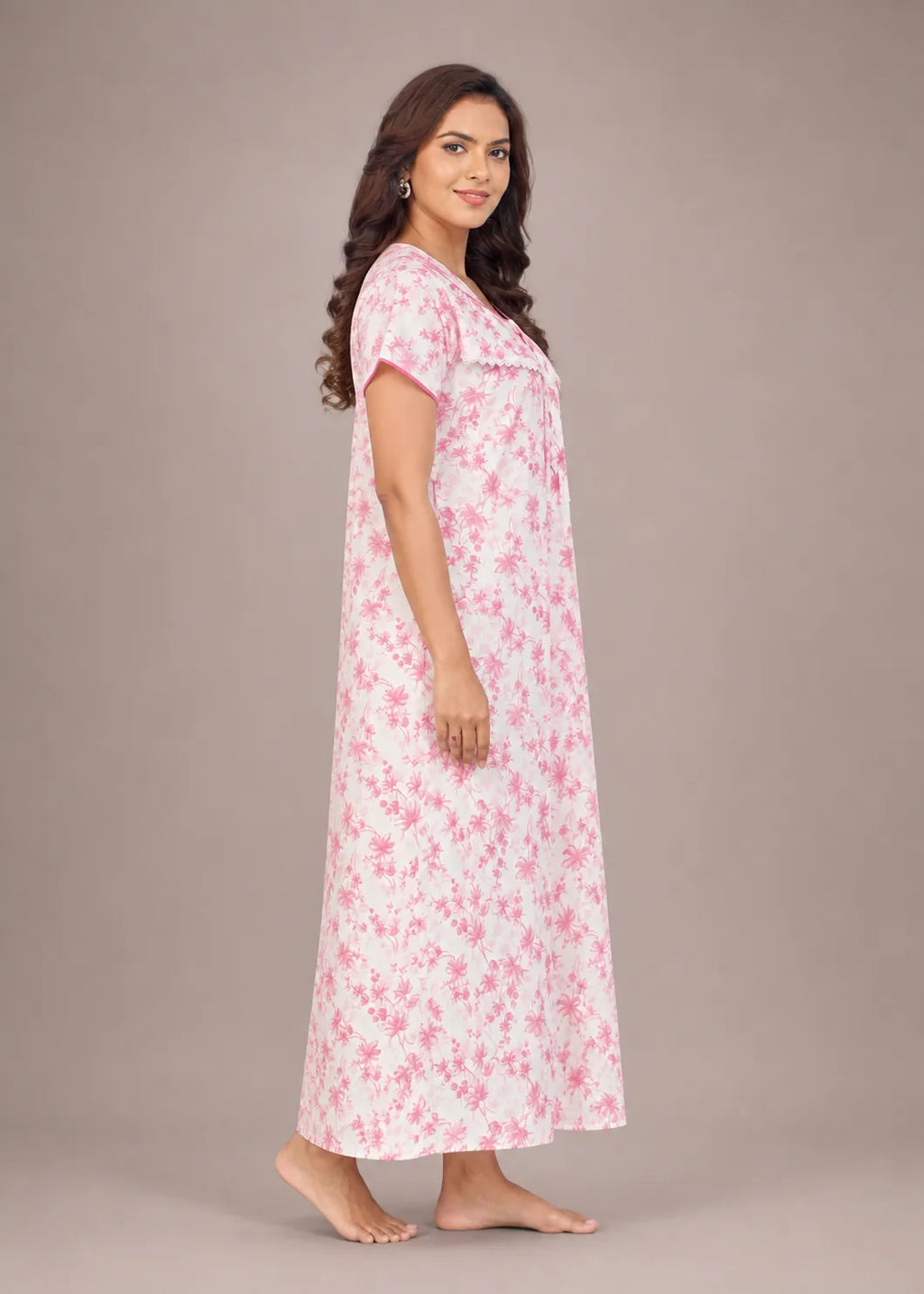 Blush Pink Floral Print Cotton Nightgown