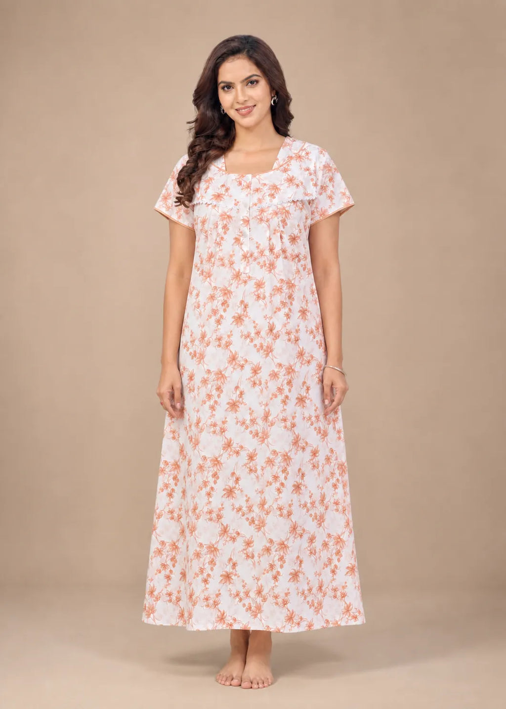 Peach Blossom Floral Print Cotton Nightgown