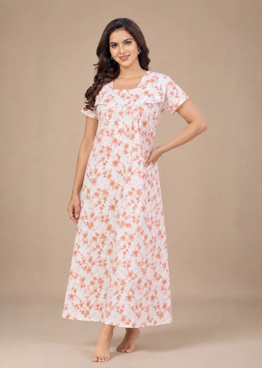 Peach Blossom Floral Print Cotton Nightgown