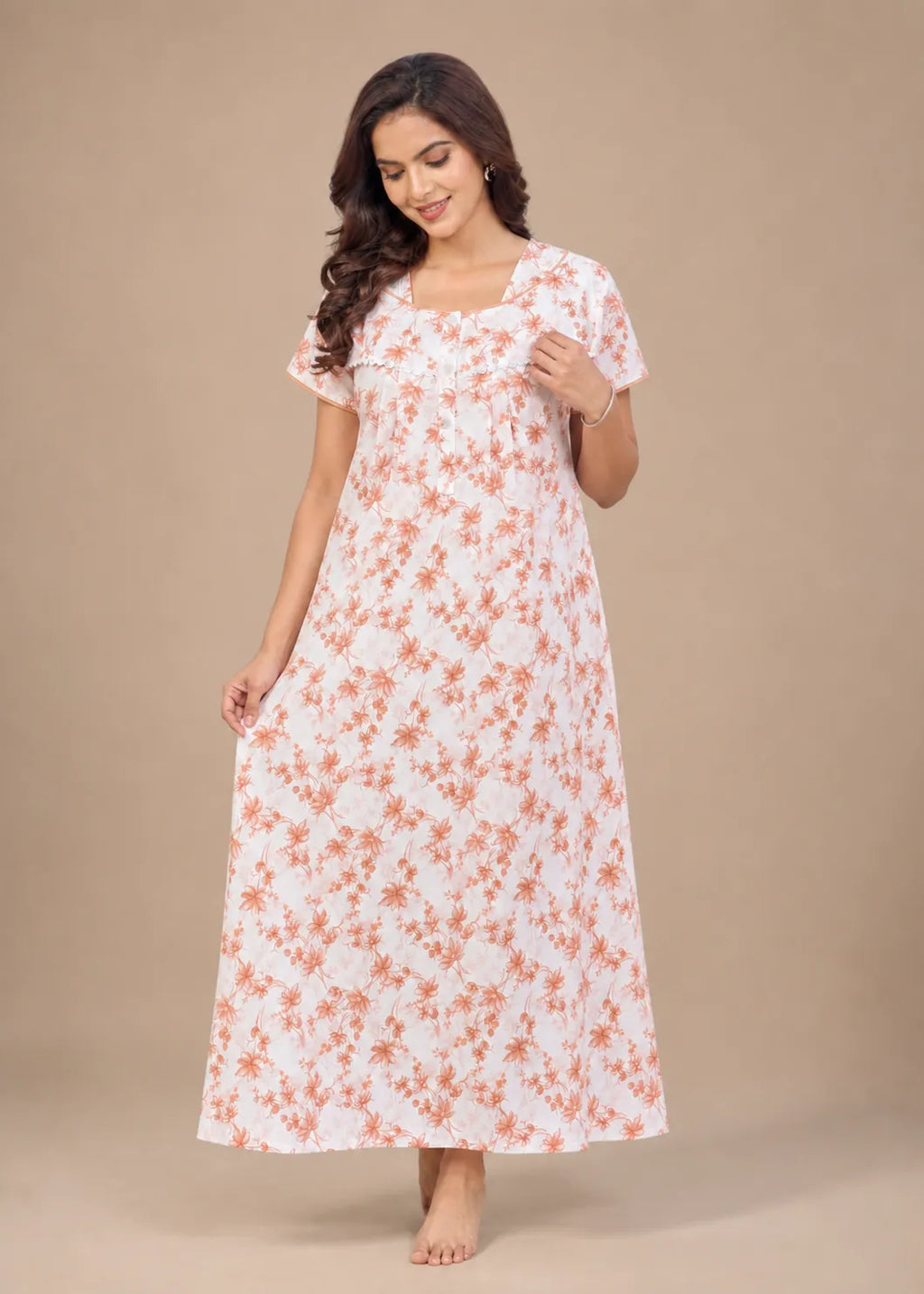 Peach Blossom Floral Print Cotton Nightgown
