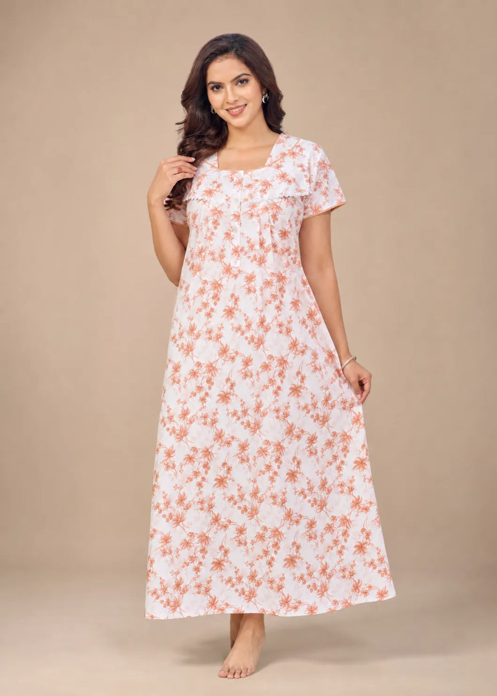 Peach Blossom Floral Print Cotton Nightgown
