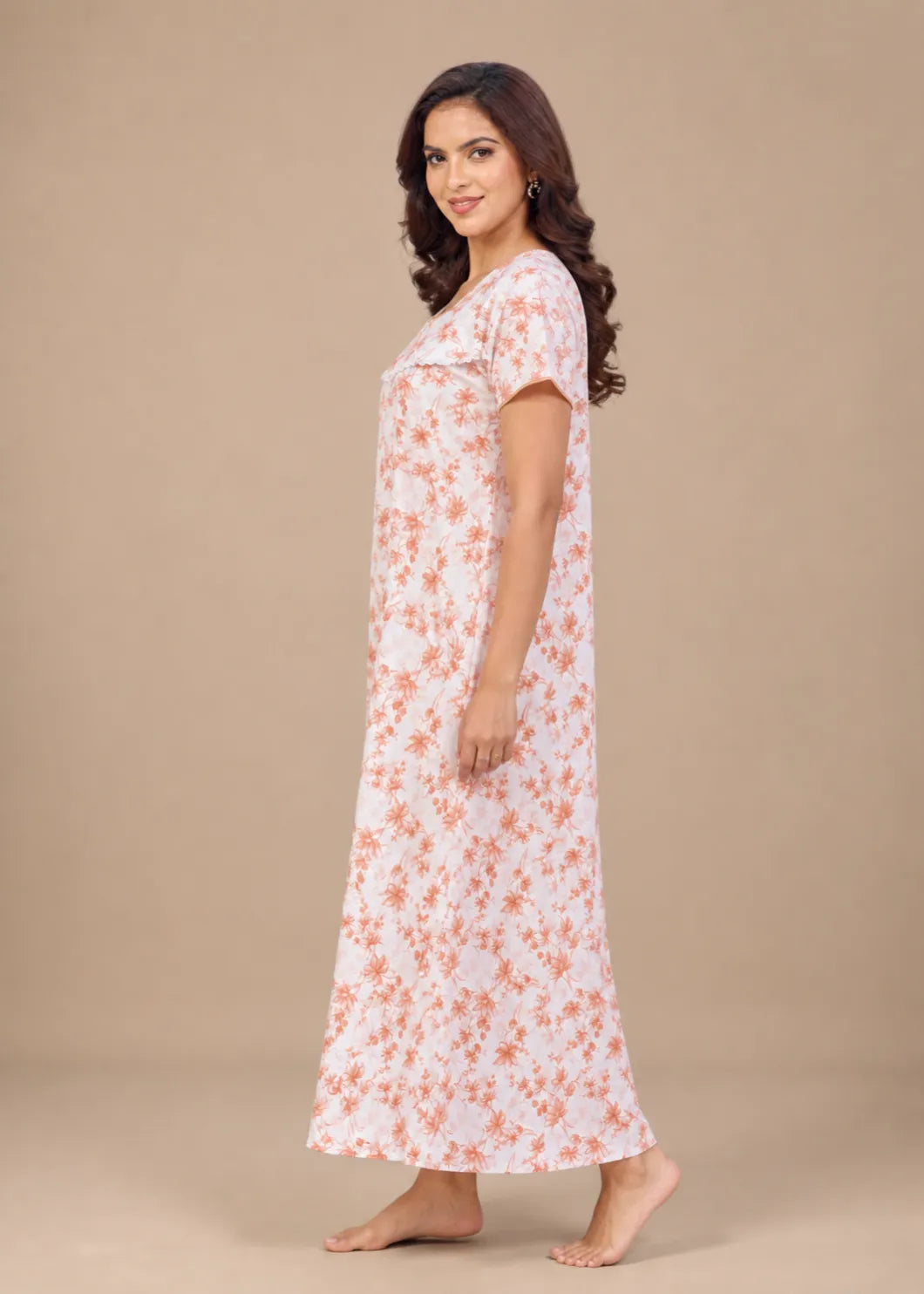 Peach Blossom Floral Print Cotton Nightgown