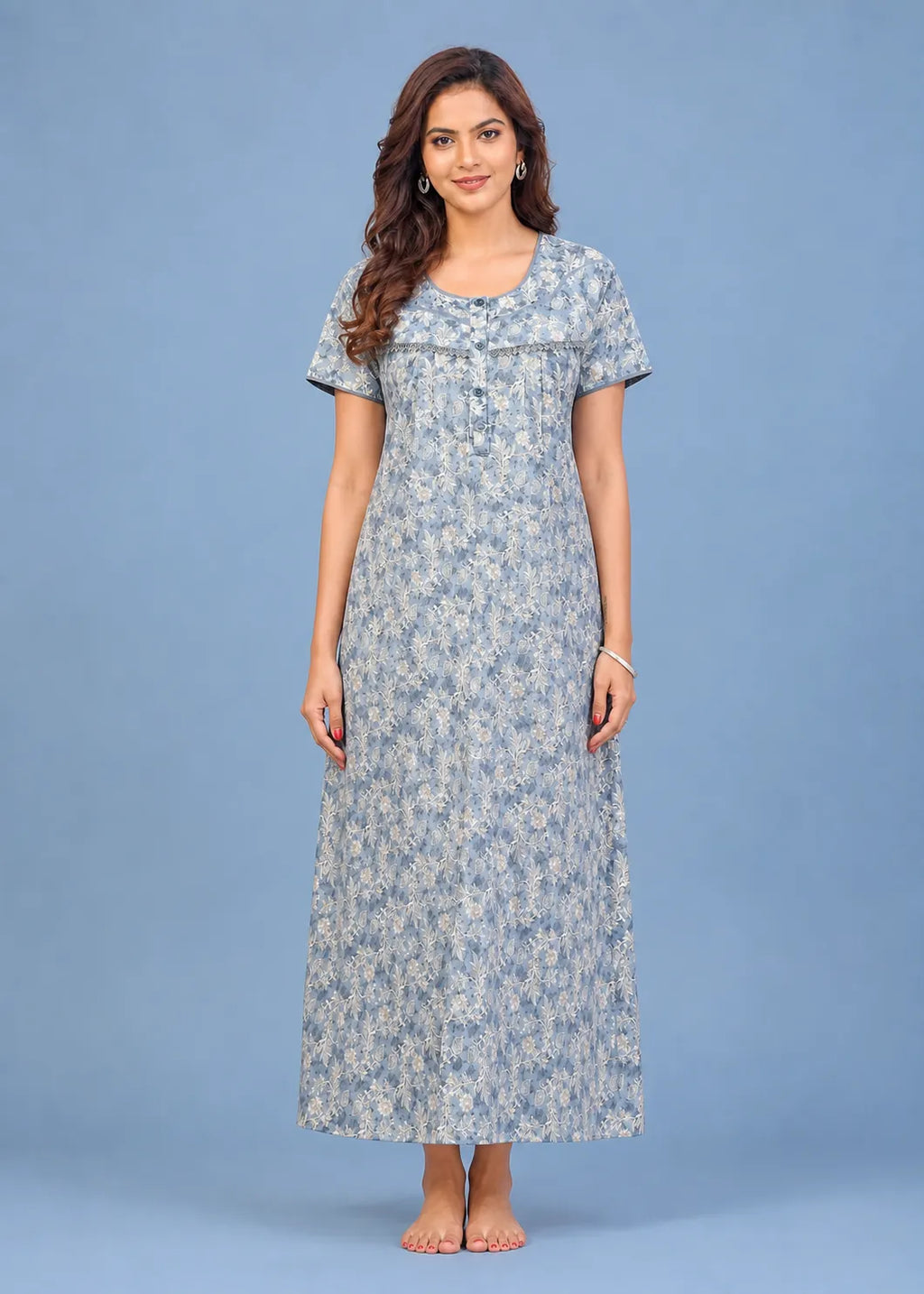 Dusty Blue Floral Cotton Nightgown