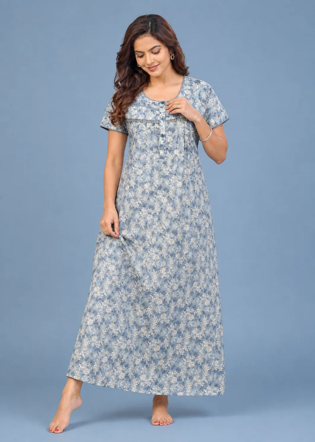 Dusty Blue Floral Cotton Nightgown