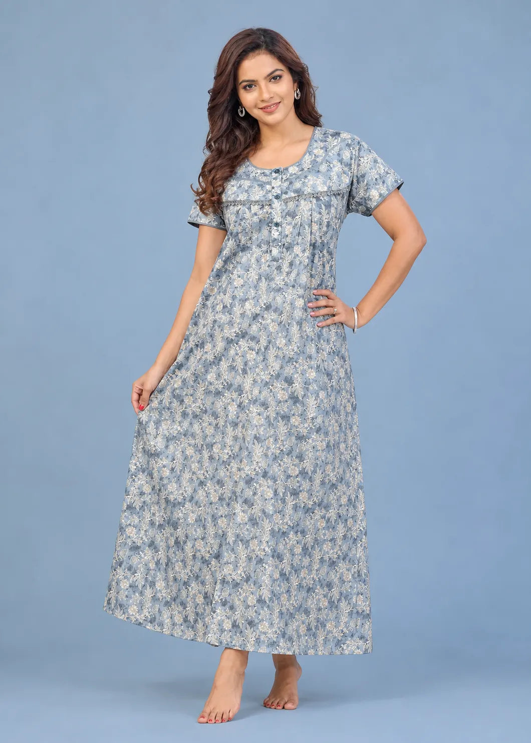 Dusty Blue Floral Cotton Nightgown